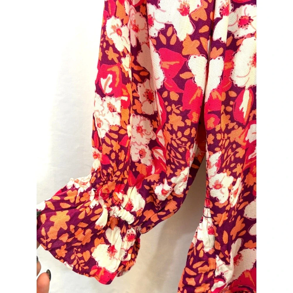Free People Sweet Memories‎ Pink Multi Floral Print Ruffled Puff Sleeve Top XS
